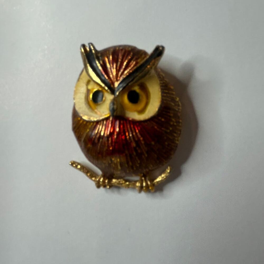 Vintage enamel owl brooch perched on a branch red/brown/gold